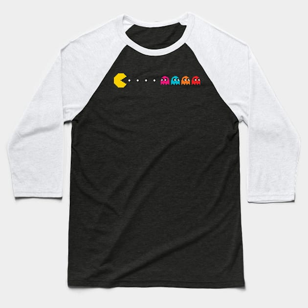 8 bit pacman chasing ghosts Baseball T-Shirt by PWCreate